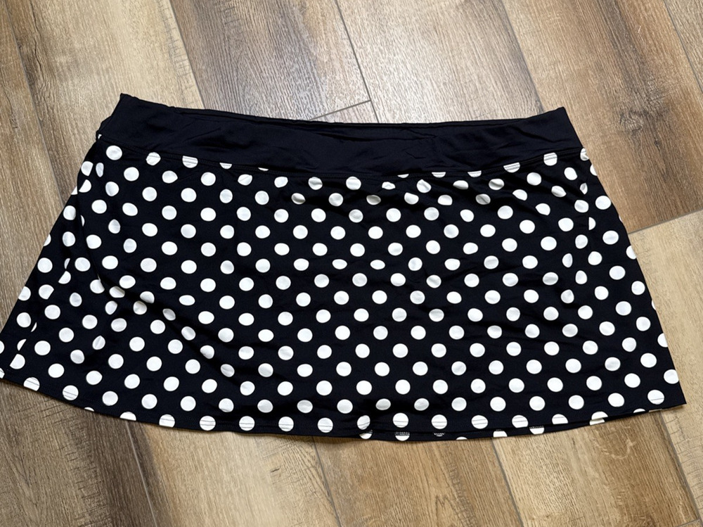 Lands' End 20W Swim Skirt Lined Swimsuit Bottom Black White Polka Dot Pockets